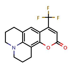 Chemical structure of 2,3,6,7-Tetrahydro-9-(trifluoromethyl)-1H,5H,11H-[1]benzopyrano[6,7,8-ij]quinolizin-11-one , CAS 53518-18-6, AChemBlock AD242313