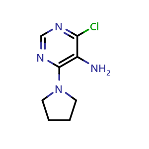 Chemical structure of 4-chloro-6-(pyrrolidin-1-yl)pyrimidin-5-amine , CAS 626217-76-3, AChemBlock AD242554