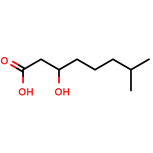 Chemical structure of 3-hydroxy-7-methyloctanoic acid , CAS 634602-29-2, AChemBlock AD242586