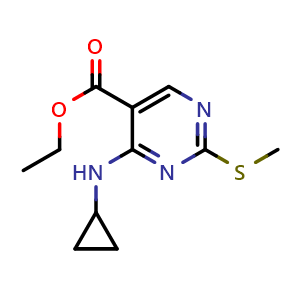 Chemical structure of ethyl 4-(cyclopropylamino)-2-methylsulfanyl-pyrimidine-5-carboxylate , CAS 651734-65-5, AChemBlock AD242627