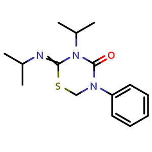 Chemical structure of 5-Phenyl-3-(propan-2-yl)-2-[(propan-2-yl)imino]-1,3,5-thiadiazinan-4-one , CAS 69327-75-9, AChemBlock AD242705