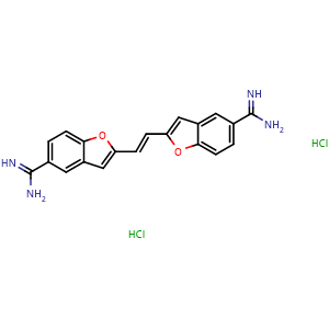 Chemical structure of 5-Benzofurancarboximidamide, 2,2'-(1E)-1,2-ethenediylbis-, hydrochloride (1:2) , CAS 71431-30-6, AChemBlock AD242764