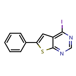 Chemical structure of 4-iodo-6-phenylthieno[2,3-d]pyrimidine , CAS 718615-92-0, AChemBlock AD242769