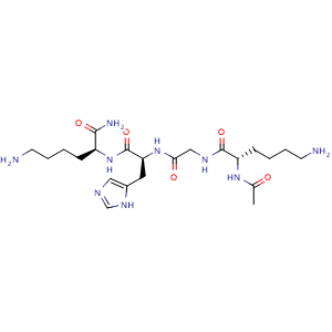 Chemical structure of (2S)-6-amino-N-({[(1S)-1-{[(1S)-5-amino-1-carbamoylpentyl]carbamoyl}-2-(1H-imidazol-5-yl)ethyl]carbamoyl}methyl)-2-acetamidohexanamide , CAS 827306-88-7, AChemBlock AD242948