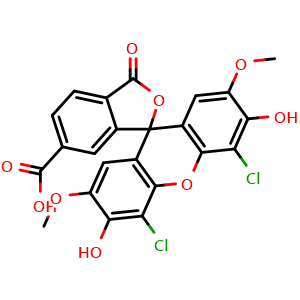 Chemical structure of 4',5'-dichloro-3',6'-dihydroxy-2',7'-dimethoxy-3-oxo-3H-spiro[2-benzofuran-1,9'-xanthene]-6-carboxylic acid , CAS 82855-40-1, AChemBlock AD242952