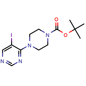 Chemical structure of 2-methylpropan-2-yl 4-(5-iodopyrimidin-4-yl)piperazine-1-carboxylate , CAS 853679-67-1, AChemBlock AD243038