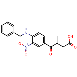 Chemical structure of 4-[4-(benzylamino)-3-nitrophenyl]-3-methyl-4-oxobutanoic acid , CAS 85633-97-2, AChemBlock AD243050