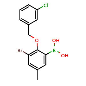 Chemical structure of [3-Bromo-2-[(3-chlorophenyl)methoxy]-5-methyl-phenyl]boronic acid , CAS 870778-83-9, AChemBlock AD243102