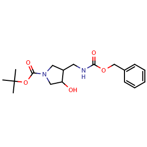 Chemical structure of tert-Butyl 3-((benzyloxycarbonylamino) methyl)-4-hydroxypyrrolidine-1-carboxylate , CAS 872716-50-2, AChemBlock AD243125