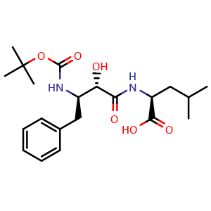 Chemical structure of (2S)-2-[(2S,3R)-3-{[(tert-Butoxy)carbonyl]amino}-2-hydroxy-4-phenylbutanamido]-4-methylpentanoic acid , CAS 87304-15-2, AChemBlock AD243126