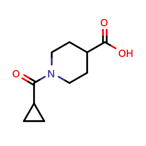 Chemical structure of 1-cyclopropanecarbonylpiperidine-4-carboxylic acid , CAS 876866-50-1, AChemBlock AD243152