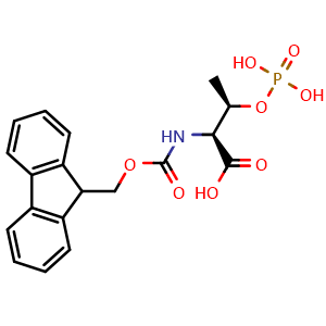 Chemical structure of (2S,3R)-2-({[(9H-fluoren-9-yl)methoxy]carbonyl}amino)-3-(phosphonooxy)butanoic acid , CAS 883726-90-7, AChemBlock AD243179