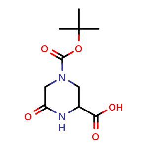 Chemical structure of 4-[(tert-Butoxy)carbonyl]-6-oxopiperazine-2-carboxylic acid , CAS 888220-71-1, AChemBlock AD243203