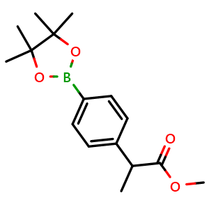 Chemical structure of Methyl 2-[4-(4,4,5,5-tetramethyl-1,3,2-dioxaborolan-2-yl)phenyl]propanoate , CAS 890839-11-9, AChemBlock AD243213