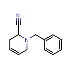 Chemical structure of 1-benzyl-1,2,3,6-tetrahydropyridine-2-carbonitrile , CAS 89873-67-6, AChemBlock AD243235