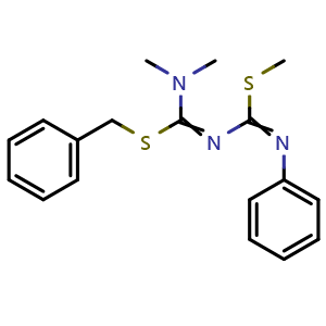 Chemical structure of Benzyl N,N-dimethyl-N'-((methylthio)(phenylimino)methyl)carbamimidothioate , CAS 906440-63-9, AChemBlock AD243263