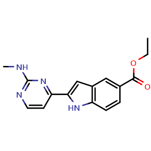 Chemical structure of ethyl 2-[2-(methylamino)pyrimidin-4-yl]-1H-indole-5-carboxylate , CAS 916486-06-1, AChemBlock AD243304