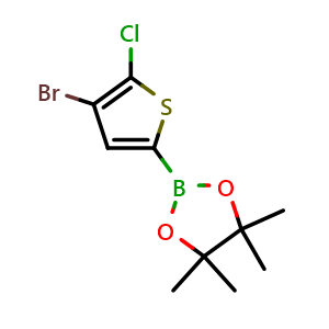 Chemical structure of 2-(4-bromo-5-chloro-2-thienyl)-4,4,5,5-tetramethyl-1,3,2-dioxaborolane , CAS 942070-02-2, AChemBlock AD243378