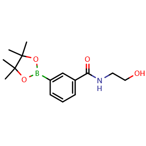 Chemical structure of N-(2-hydroxyethyl)-3-(4,4,5,5-tetramethyl-1,3,2-dioxaborolan-2-yl)benzamide , CAS 943911-66-8, AChemBlock AD243384