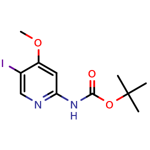 Chemical structure of tert-Butyl (5-iodo-4-methoxypyridin-2-yl)carbamate , CAS 944935-37-9, AChemBlock AD243391