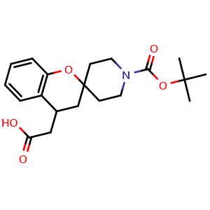 Chemical structure of 2-[1'-[(2-methylpropan-2-yl)oxycarbonyl]spiro[3,4-dihydrochromene-2,4'-piperidine]-4-yl]acetic acid , CAS 952681-82-2, AChemBlock AD243418