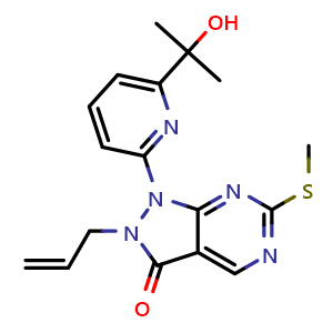 Chemical structure of 1-[6-(2-hydroxypropan-2-yl)pyridin-2-yl]-6-(methylsulfanyl)-2-(prop-2-en-1-yl)-1H,2H,3H-pyrazolo[3,4-d]pyrimidin-3-one , CAS 955369-56-9, AChemBlock AD243425