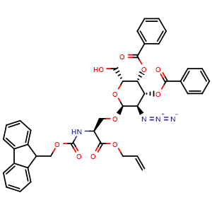 Chemical structure of (2R,3R,4R,5R,6S)-6-[(S)-3-(Allyloxy)-2-(Fmoc-amino)-3-oxopropoxy]-5-azido-2-(hydroxymethyl)tetrahydro-2H-pyran-3,4-diyl Dibenzoate , CAS 3031763-44-4, AChemBlock AD243491