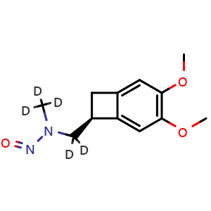 Chemical structure of {dideuterio[(1S)-4,5-dimethoxy-1,2-dihydrocyclobuta[1,2-a]benzen-1-yl]methyl}(nitroso)(trideuteriomethyl)amine , AChemBlock AD243530