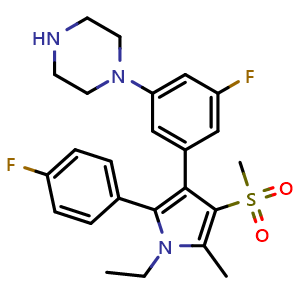 Chemical structure of 1-[3-[1-Ethyl-2-(4-fluorophenyl)-5-methyl-4-(methylsulfonyl)-3-pyrrolyl]-5-fluorophenyl]piperazine , CAS 3031789-39-3, AChemBlock AD243539