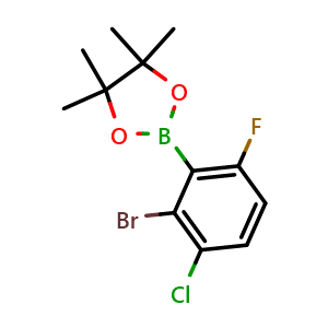 Chemical structure of 2-(2-Bromo-3-chloro-6-fluorophenyl)-4,4,5,5-tetramethyl-1,3,2-dioxaborolane , AChemBlock AD243553