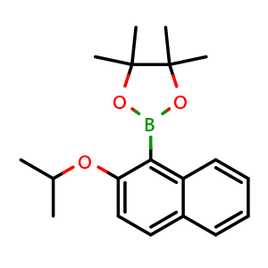 Chemical structure of 2-(2-isopropoxynaphthalen-1-yl)-4,4,5,5-tetramethyl-1,3,2-dioxaborolane2-(2-Isopropoxynaphthalen-1-yl)-4,4,5,5-tetramethyl-1,3,2-dioxaborolane , AChemBlock AD243557