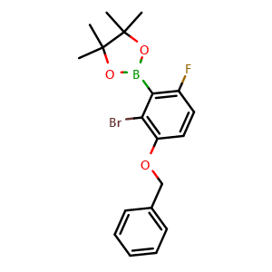 Chemical structure of 2-(3-(Benzyloxy)-2-bromo-6-fluorophenyl)-4,4,5,5-tetramethyl-1,3,2-dioxaborolane , AChemBlock AD243558