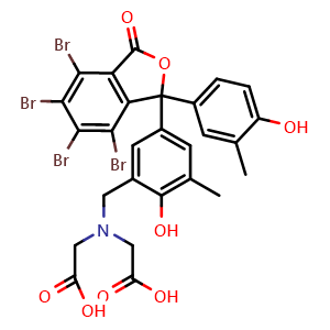 Chemical structure of 2,2'-[[2-Hydroxy-3-methyl-5-[4,5,6,7-tetrabromo-1-(4-hydroxy-3-methylphenyl)-3-oxo-1,3-dihydroisobenzofuran-1-yl]benzyl]azanediyl]diacetic acid , CAS 85563-15-1, AChemBlock AD243574