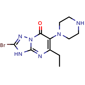 Chemical structure of 2-bromo-5-ethyl-6-(piperazin-1-yl)-3,7-dihydro[1,2,4]triazolo[1,5-a]pyrimidin-7-one , CAS 3034960-15-8, AChemBlock AD243581