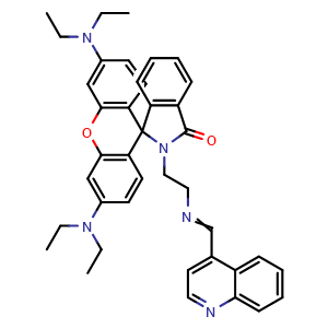 Chemical structure of 3',6'-Bis(diethylamino)-2-(2-((quinolin-4-ylmethylene)amino)ethyl)spiro[isoindoline-1,9'-xanthen]-3-one , AChemBlock AD243600