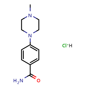 Chemical structure of 4-(4-methylpiperazin-1-yl)benzene-1-carboxamide hydrochloride , CAS 3037704-94-9, AChemBlock AD243614