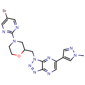 Chemical structure of 4-(5-Bromopyrimidin-2-yl)-2-((6-(1-methyl-1H-pyrazol-4-yl)-1H-[1,2,3]triazolo[4,5-b]pyrazin-1-yl)methyl)morpholine , CAS 3026712-25-1, AChemBlock AD243615