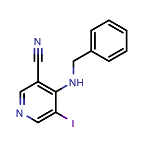 Chemical structure of 4-(benzylamino)-5-iodopyridine-3-carbonitrile , CAS 3037704-12-1, AChemBlock AD243616