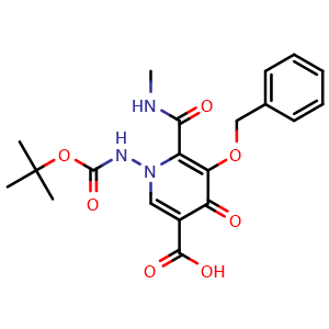 Chemical structure of 5-(benzyloxy)-6-[(methylamino)carbonyl]-1-({[(2-methylprop-2-yl)oxy]carbonyl}amino)-4-oxopyridine-3-carboxylic acid , CAS 3037693-37-8, AChemBlock AD243630