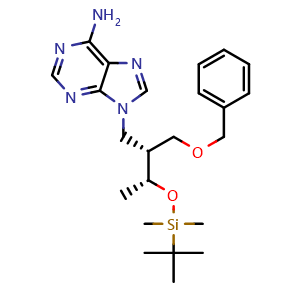 Chemical structure of 9-[(5R,6R)-6-[(benzyloxy)methyl]-2,2,3,3,5-pentamethyl-4-oxa-3-silahept-7-yl]purin-6-amine , CAS 1627139-92-7, AChemBlock AD243655