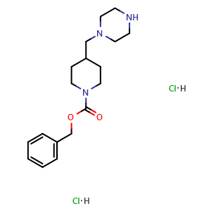 Chemical structure of benzyl 4-(piperazin-1-ylmethyl)piperidine-1-carboxylate dihydrochloride , AChemBlock AD243658