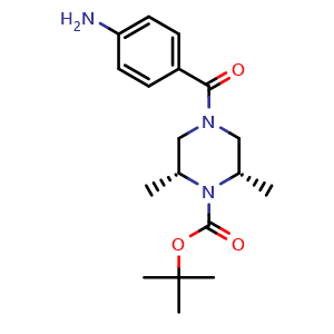 Chemical structure of cis-1-Boc-2,6-dimethyl-4-(4-aminobenzoyl)piperazine , CAS 2161337-98-8, AChemBlock AD243660