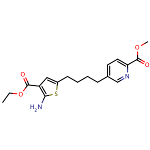 Chemical structure of Ethyl 2-amino-5-{4-[6-(methoxycarbonyl)pyridin-3-yl]butyl}thiophene-3-carboxylate , CAS 3037682-34-8, AChemBlock AD243672