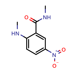 Chemical structure of N-Methyl-2-(methylamino)-5-nitrobenzamide , CAS 130653-33-7, AChemBlock AD243701