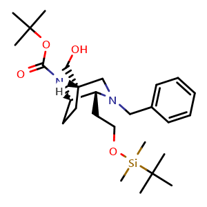 Chemical structure of tert-Butyl (1R,4R,5S)-3-benzyl-4-[2-[tert-butyl(dimethyl)silyl]oxyethyl]-1-(hydroxymethyl)-3,8-diazabicyclo[3.2.1]octane-8-carboxylate , AChemBlock AD243708