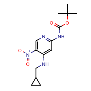 Chemical structure of tert-Butyl (4-((cyclopropylmethyl)amino)-5-nitropyridin-2-yl)carbamate , AChemBlock AD243714