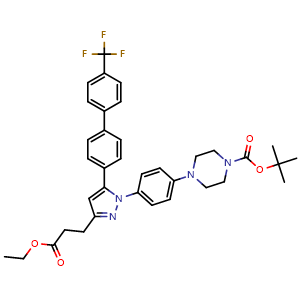 Chemical structure of Ethyl 3-{1-[4-(4-{[(2-methylprop-2-yl)oxy]carbonyl}piperazin-1-yl)phenyl]-5-{4-[4-(trifluoromethyl)phenyl]phenyl}pyrazol-3-yl}propanoate , CAS 3037704-77-8, AChemBlock AD243721
