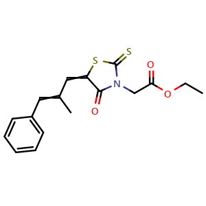 Chemical structure of Ethyl 2-(5-(2-methyl-3-phenylallylidene)-4-oxo-2-thioxothiazolidin-3-yl)acetate , CAS 682775-71-9, AChemBlock AD243737
