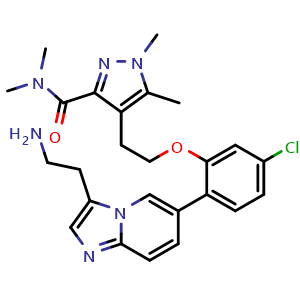 Chemical structure of 4-(2-(2-(3-(2-aminoethyl)imidazo[1,2-a]pyridin-6-yl)-5-chlorophenoxy)ethyl)-N,N,1,5-tetramethyl-1H-pyrazole-3-carboxamide , CAS 2445448-66-6, AChemBlock AD243760