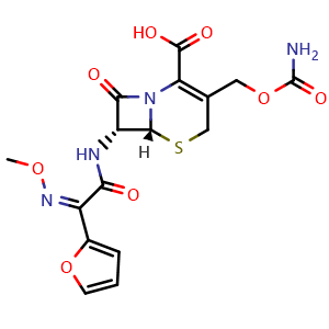 Chemical structure of (6R,7R)-3-[(carbamoyloxy)methyl]-7-[(2Z)-2-(furan-2-yl)-2-(methoxyimino)acetamido]-8-oxo-5-thia-1-azabicyclo[4.2.0]oct-2-ene-2-carboxylic acid , CAS 55268-75-2, AChemBlock AD243766
